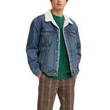 CUSTOM Men's Denim Wash Jacket with Patchwork, Fur Borg Lining in Double Pocket Style